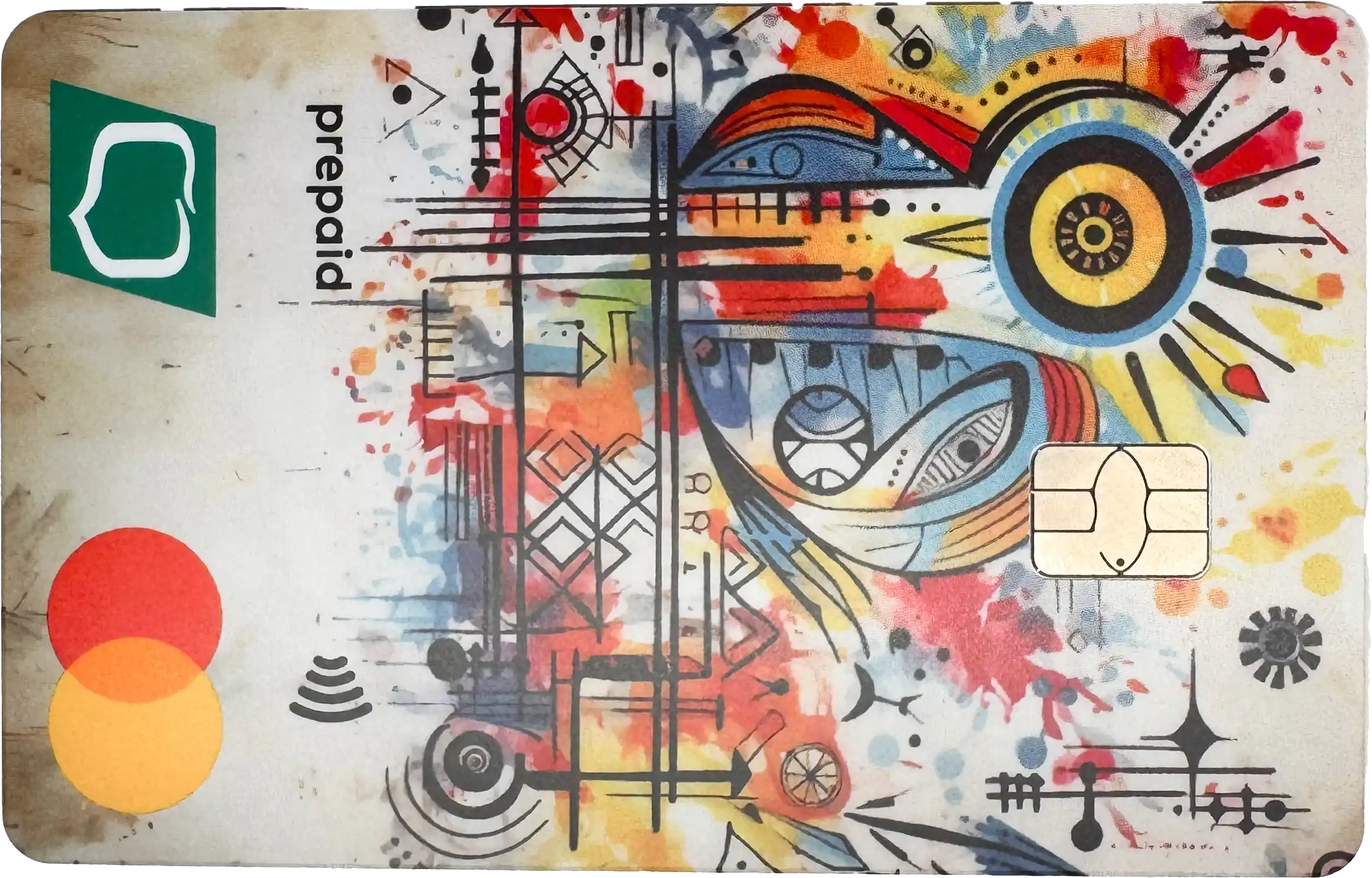 Kolorowa karta przedpłacona Banku Spółdzielczego w Suwałkach z nowoczesną abstrakcyjną grafiką, logo Mastercard i symbolem płatności zbliżeniowej – produkt dedykowany młodym użytkownikom do nauki zarządzania finansami