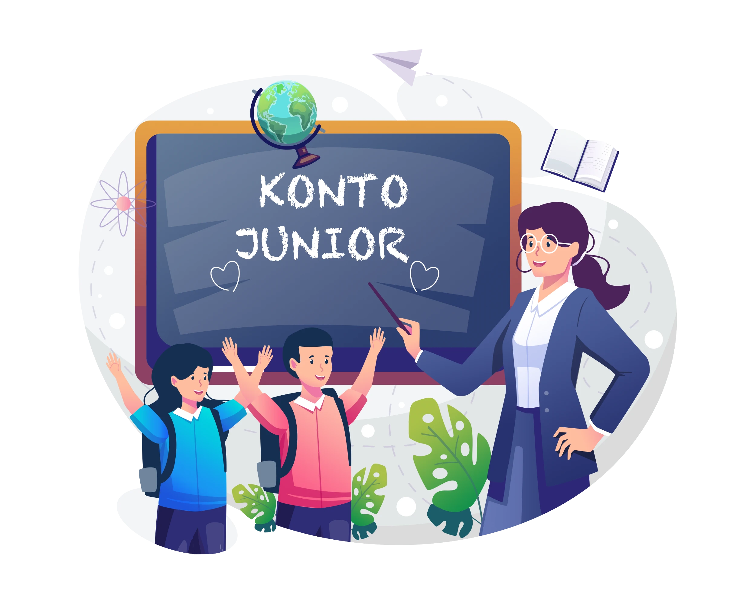 Konto-Junior Ilustracja nauczycielki z dwójką dzieci na tle tablicy z napisem "Konto Junior", symbolizująca ofertę bankową dla najmłodszych