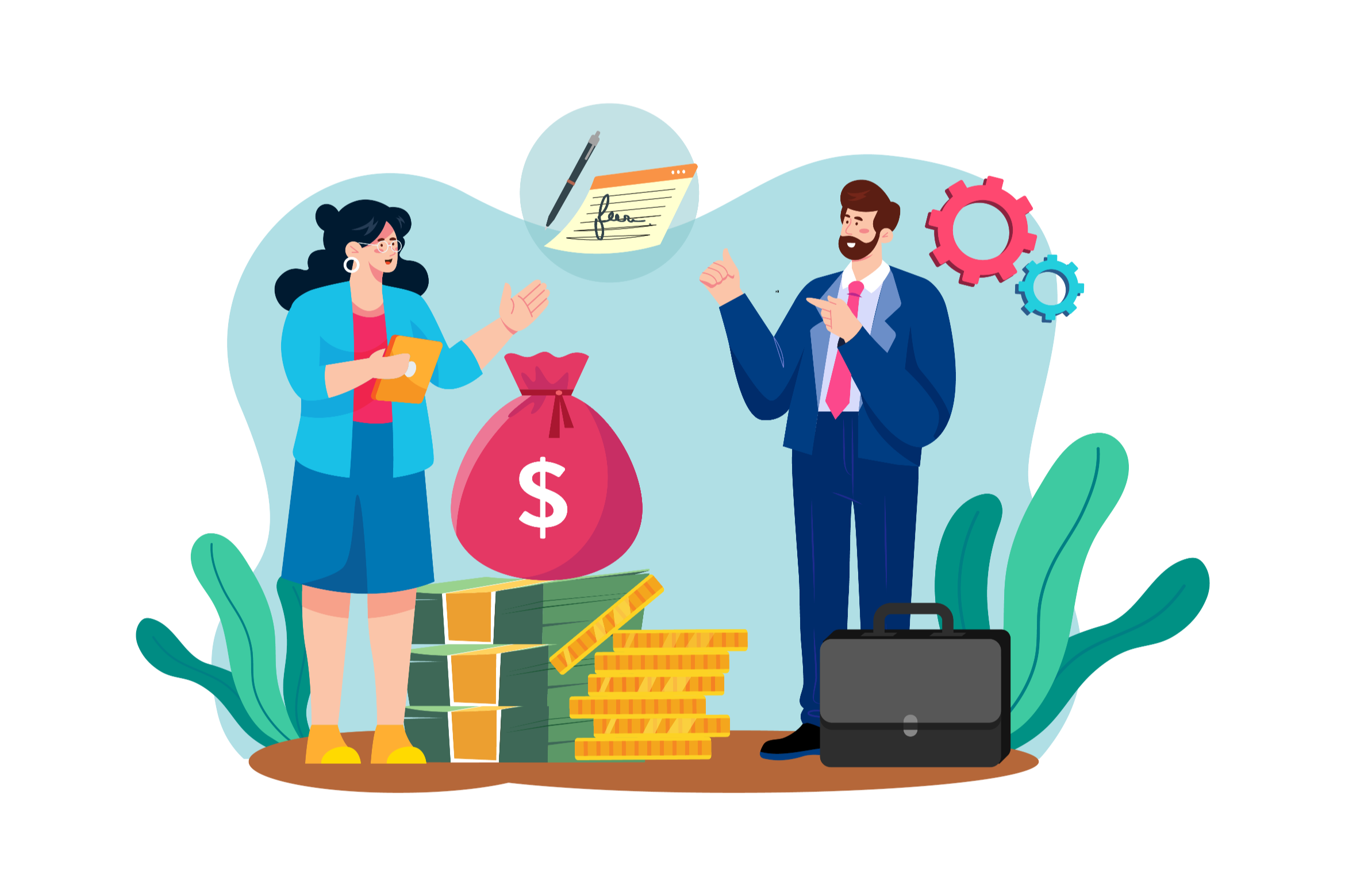 Ilustracja dwóch osób rozmawiających o finansach przy worku pieniędzy