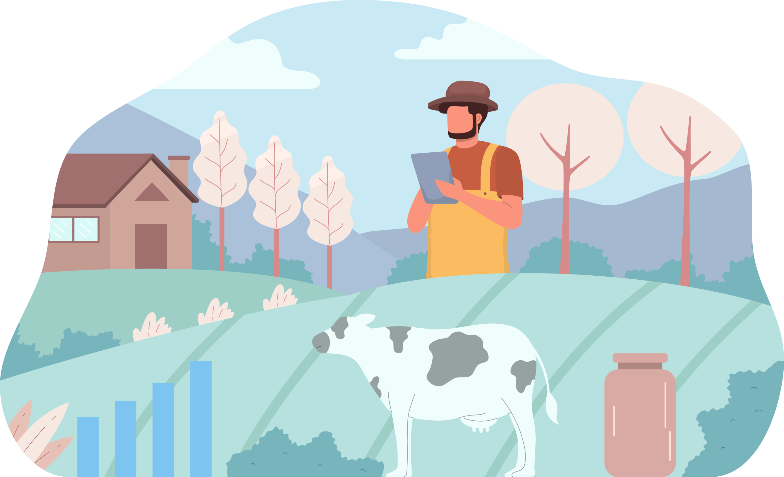 Ilustracja rolnika z tabletem na tle pola z krową i domem, symbolizująca nowoczesne gospodarstwo rolne