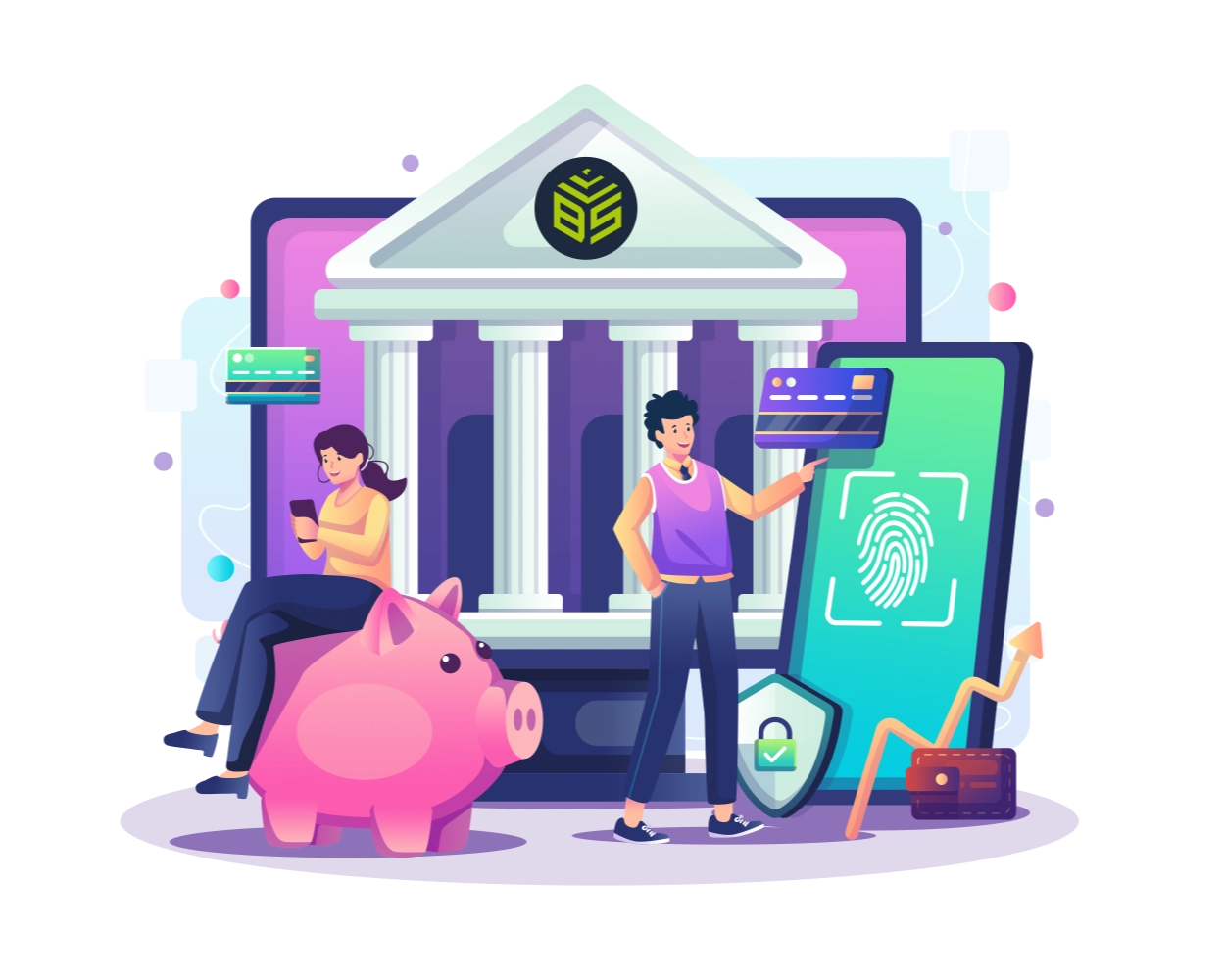 Nowoczesne zarządzanie kontem osobistym – Konto ROR Ilustracja przedstawiająca cyfrowy bank z kartą płatniczą, dużą skarbonką i klientami korzystającymi z usług bankowych – symbol nowoczesnego rachunku ROR.