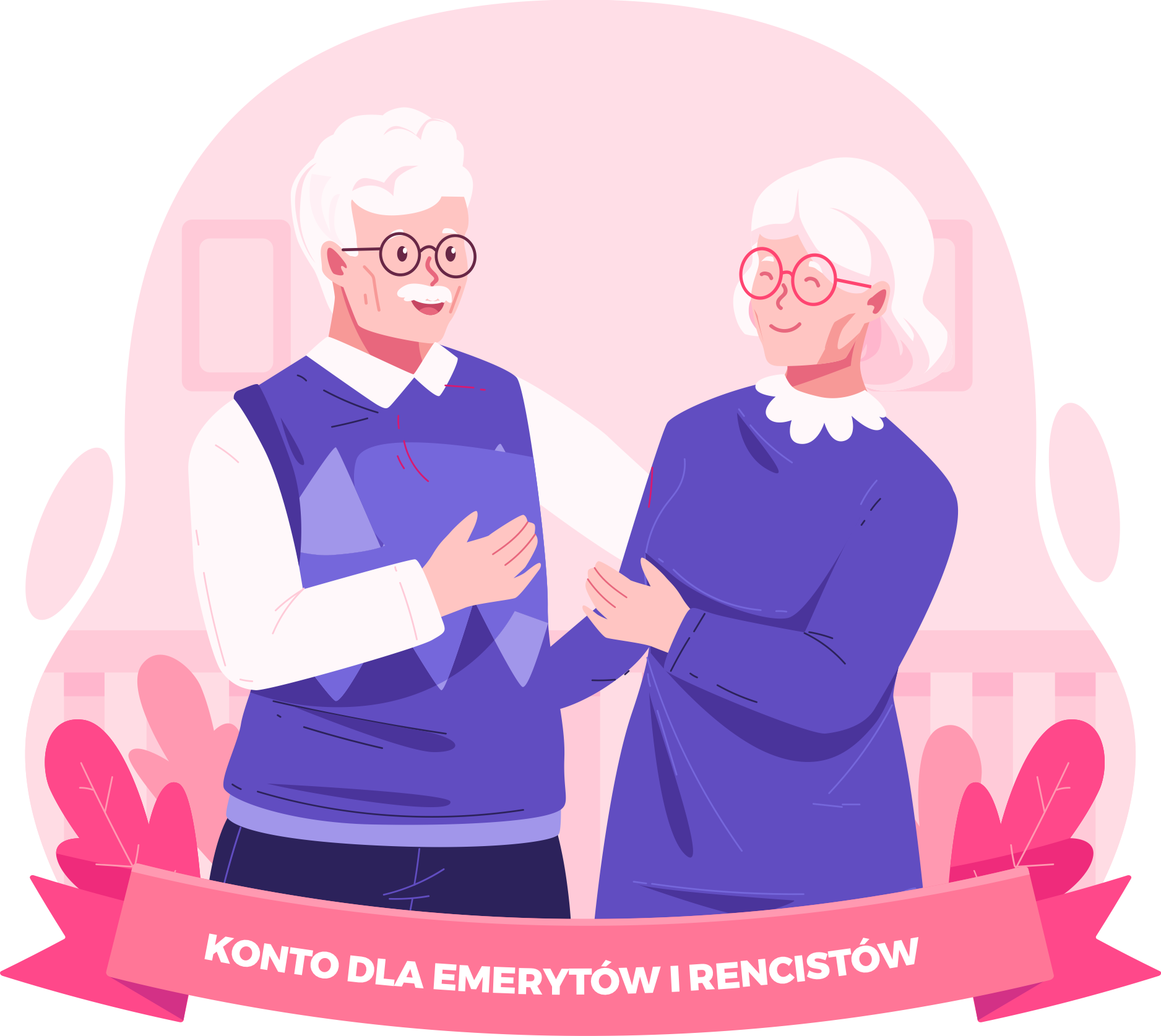 Ilustracja uśmiechniętej starszej pary trzymającej się za ręce, z napisem „Konto dla emerytów i rencistów” na różowej wstędze