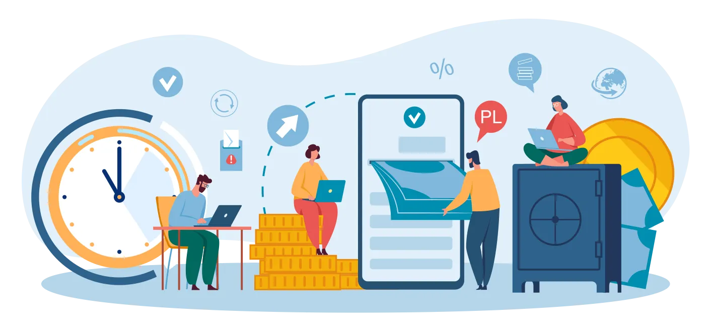 Ilustracja przedstawiająca ludzi korzystających z laptopów i urządzeń mobilnych na tle zegara, sejfu i symboli finansowych