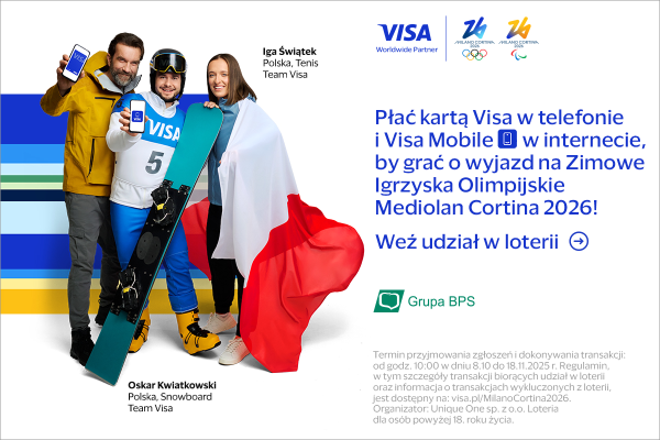 Baner promocyjny Visa z polskimi sportowcami zachęcający do udziału w loterii o wyjazd na Zimowe Igrzyska Olimpijskie Mediolan Cortina 2026