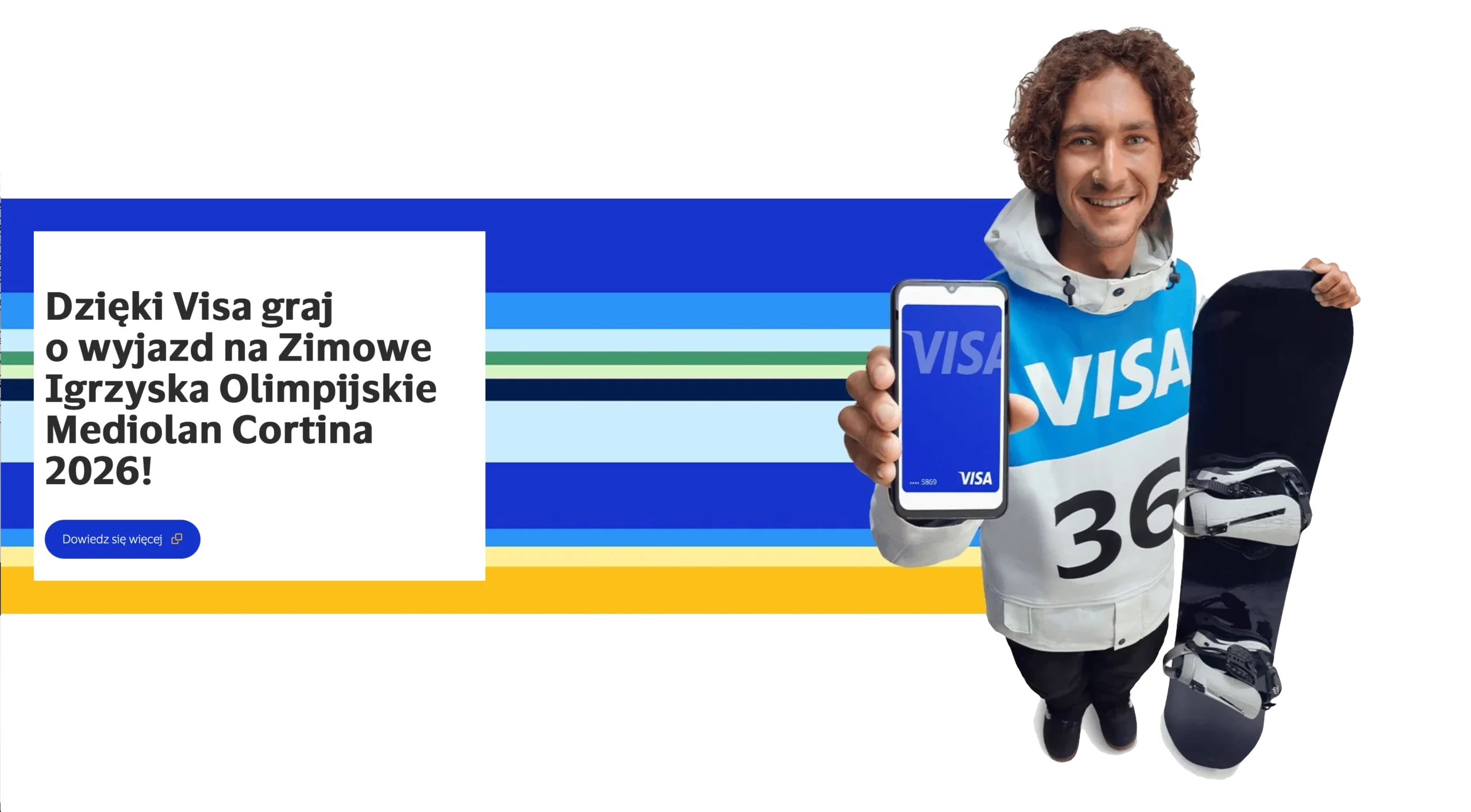 Baner promocyjny Visa zachęcający do udziału w konkursie z nagrodą – wyjazdem na Zimowe Igrzyska Olimpijskie Mediolan Cortina 2026