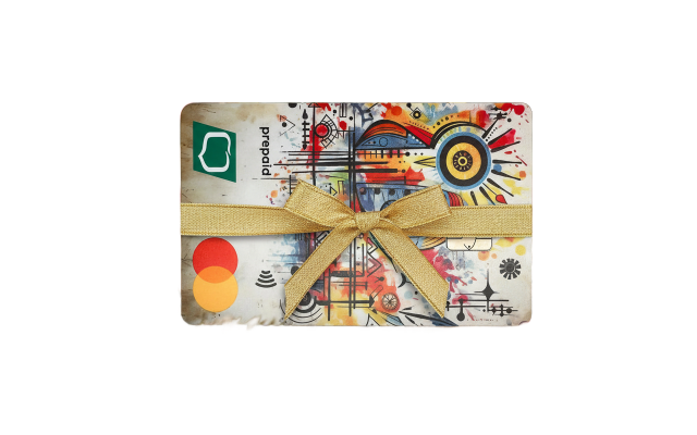 Kolorowa karta przedpłacona Banku Spółdzielczego w Suwałkach z nowoczesną abstrakcyjną grafiką, logo Mastercard i symbolem płatności zbliżeniowej – produkt dedykowany młodym użytkownikom do nauki zarządzania finansami